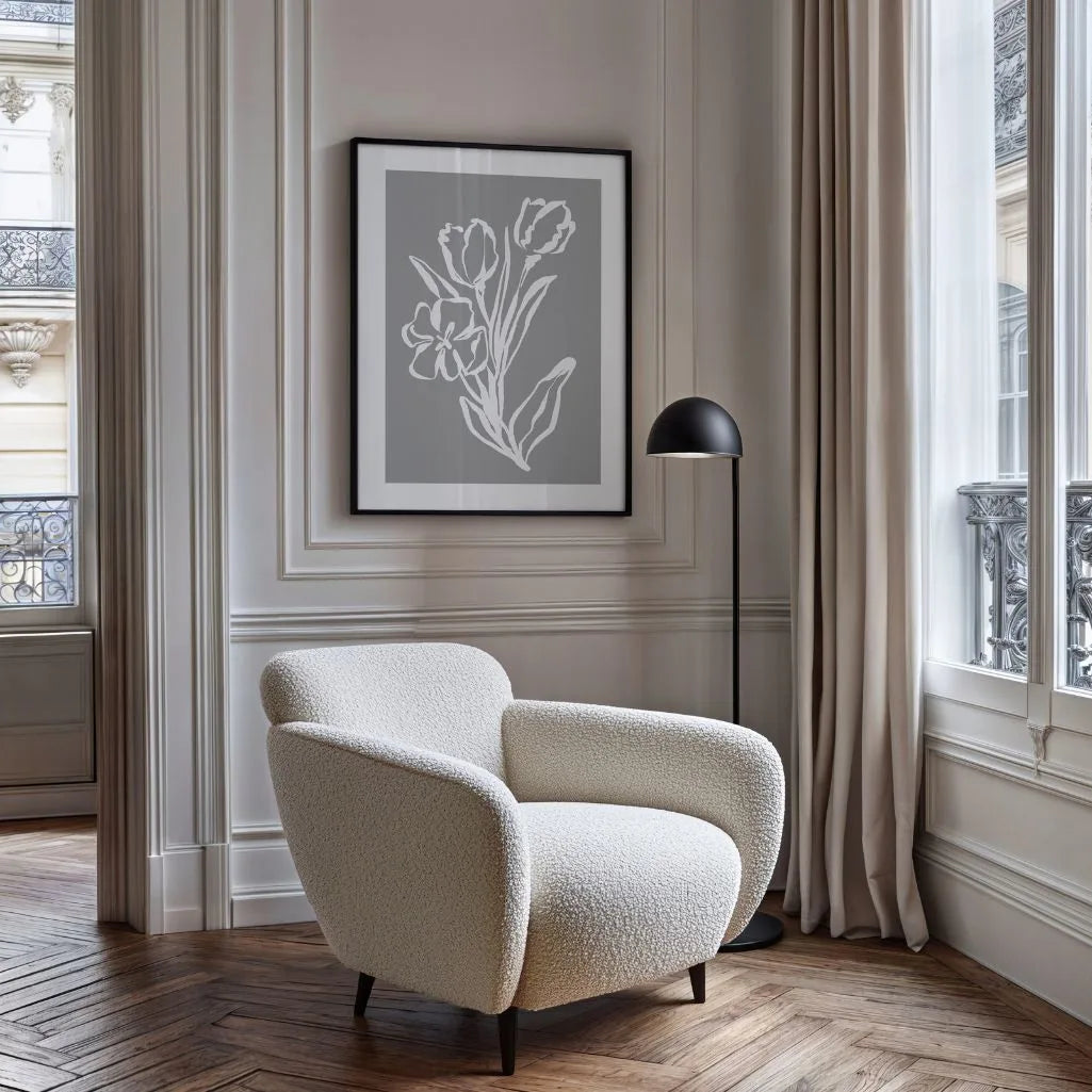 grey floral line art poster bedroom calm minimalist decor