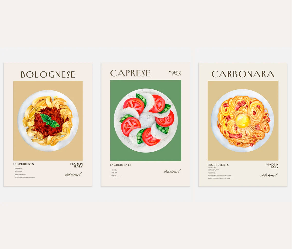italian food recipe poster set of 3 wall art for gallery wall kitchen decor