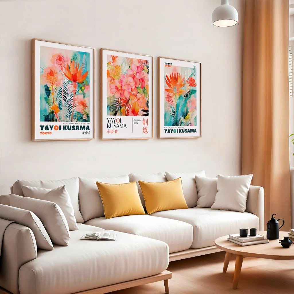 kusama style vibrant botanical poster set of 3 colorful nature wall art