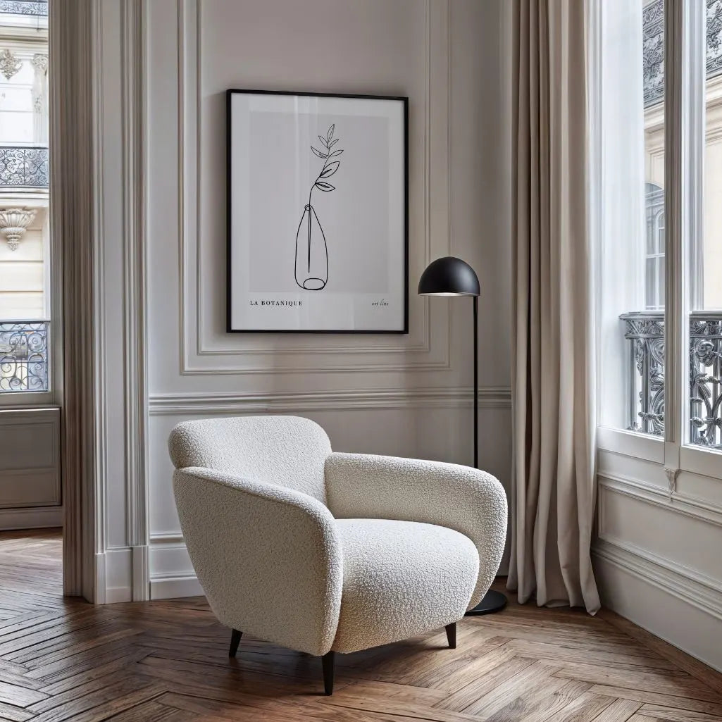 Botanical line art poster styled in modern living room with minimalist decor