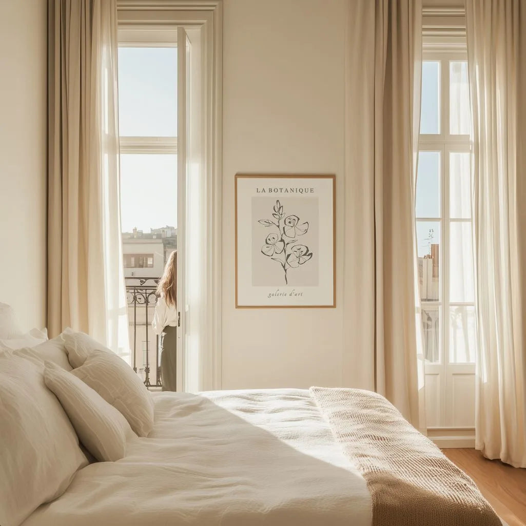 Close up of linear floral poster showing fine delicate line drawing