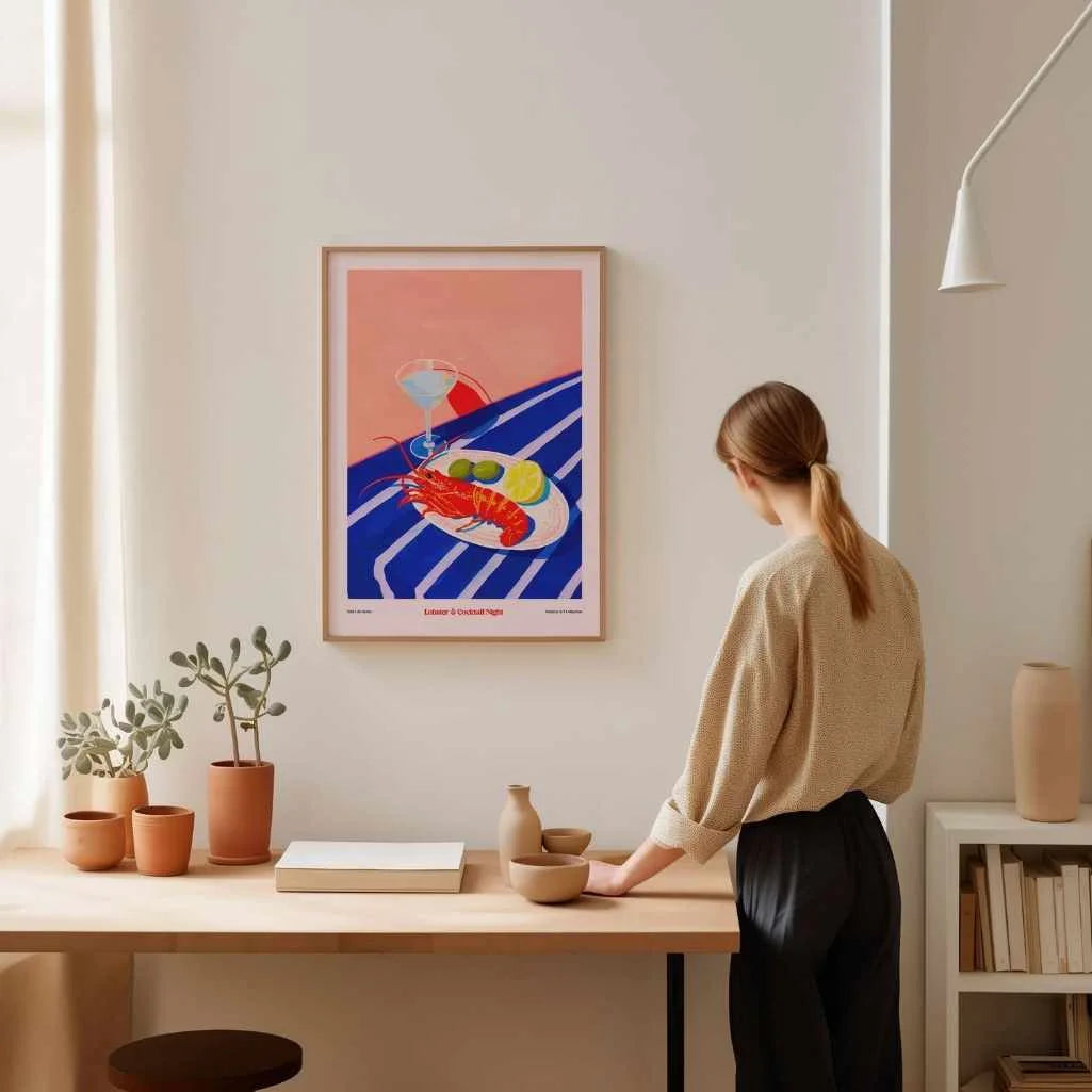 food art poster with lobster and cocktail in gallery wall setup