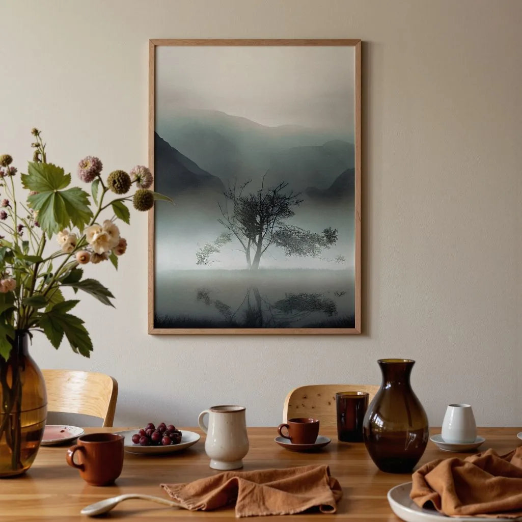 Lone tree minimalist poster displayed in gallery wall with neutral decor