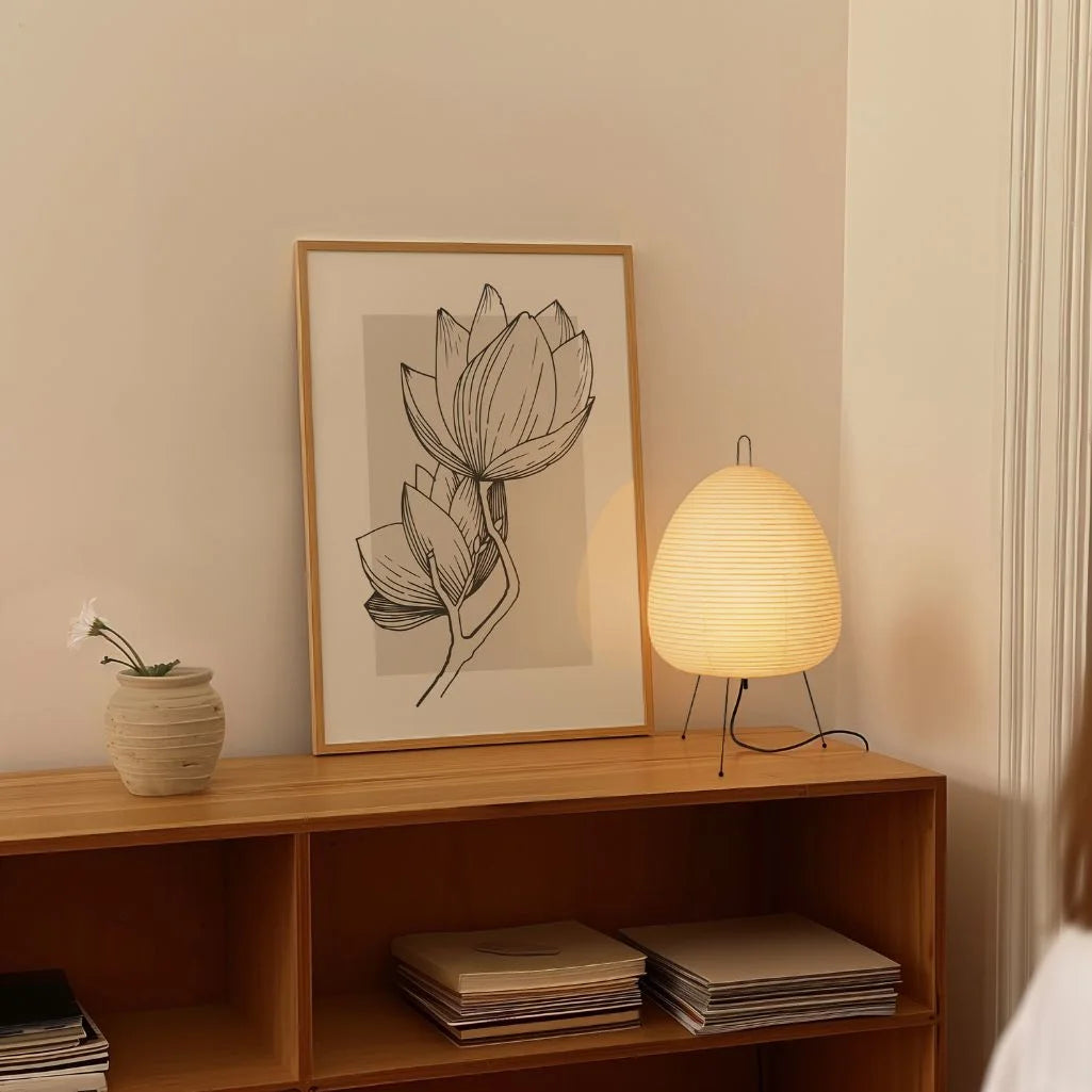 magnolia botanical poster in living room japandi neutral decor