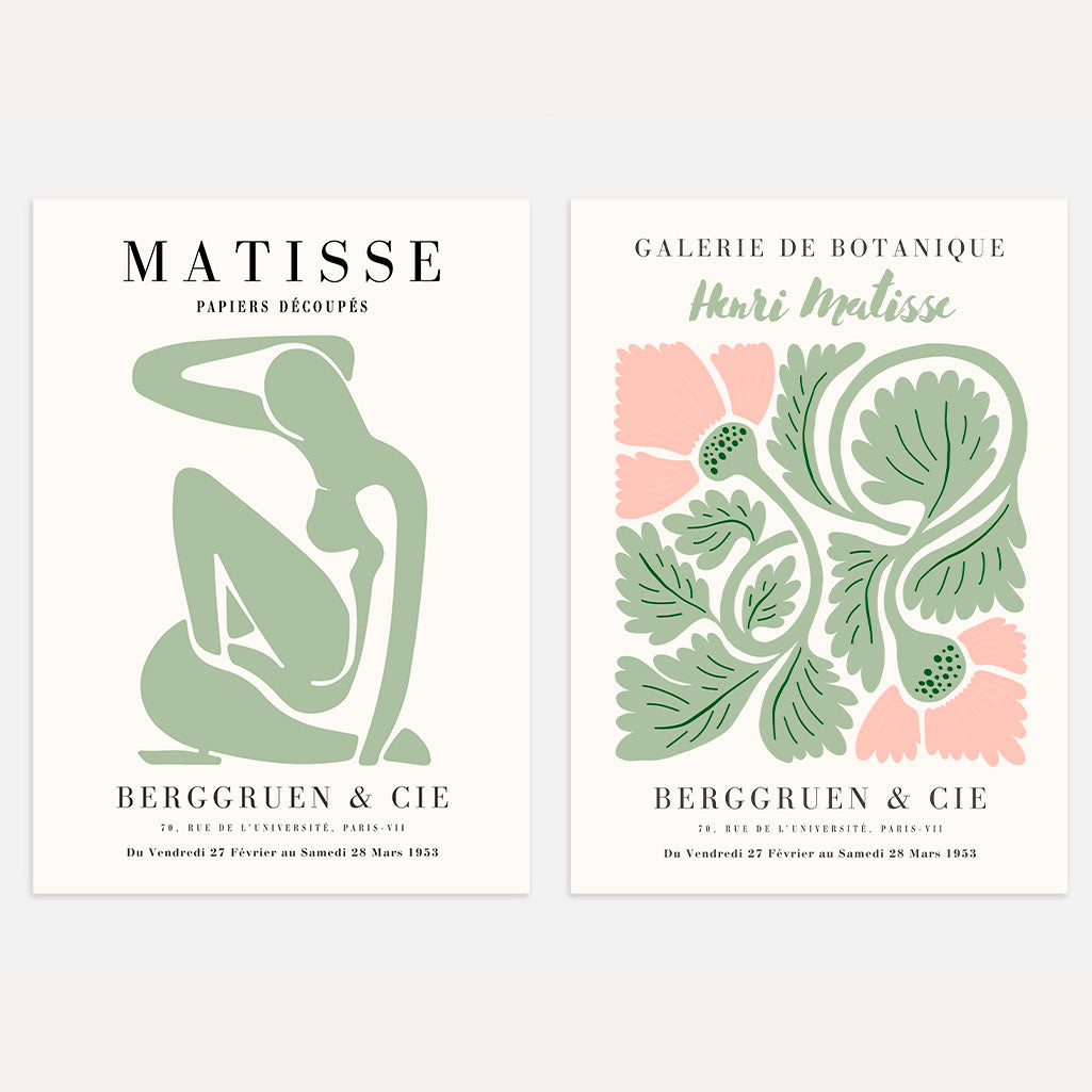 Matisse abstract botanical green set of 2 posters with organic shapes and blush accents