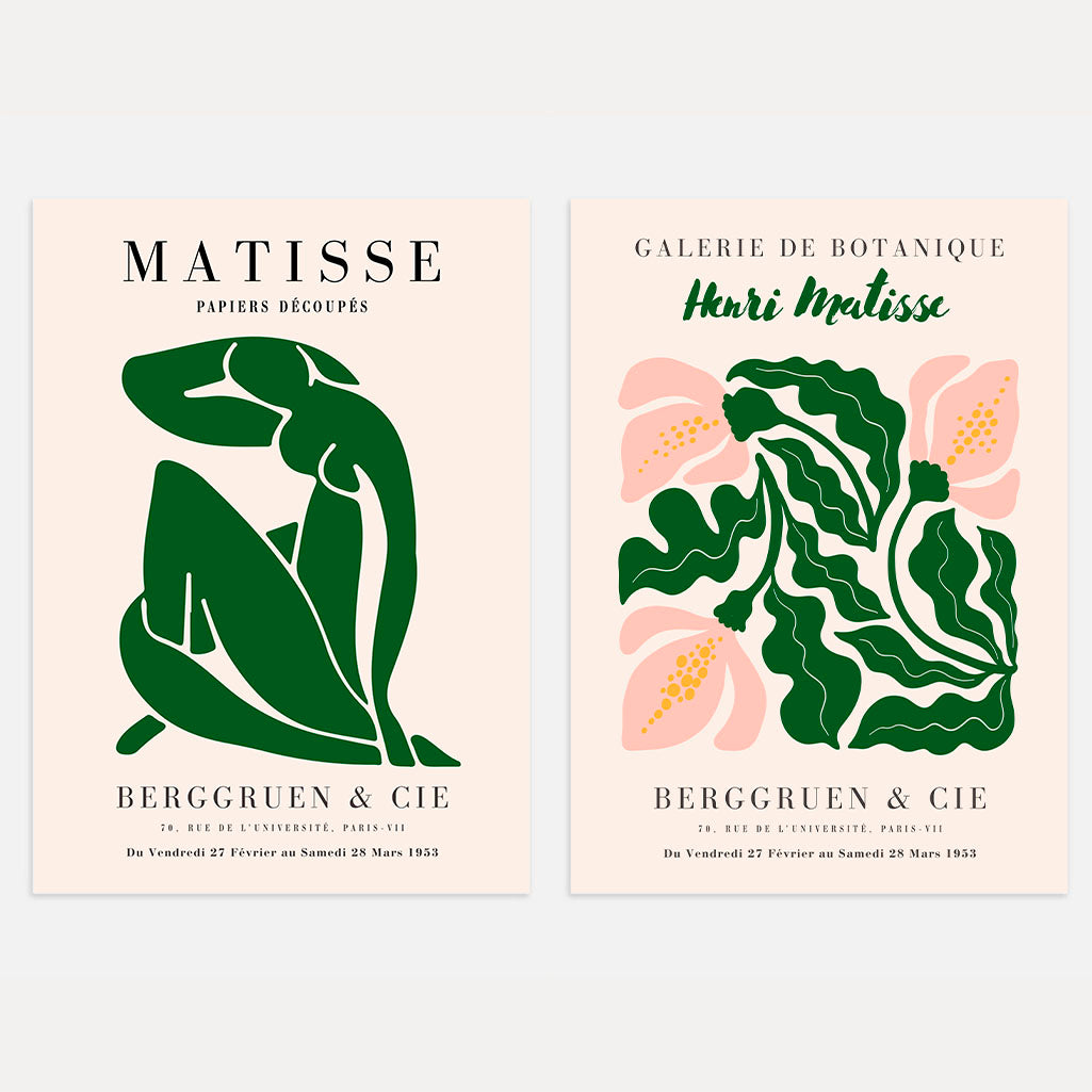 Matisse abstract green set of 2 posters with soft organic shapes and calm modern composition