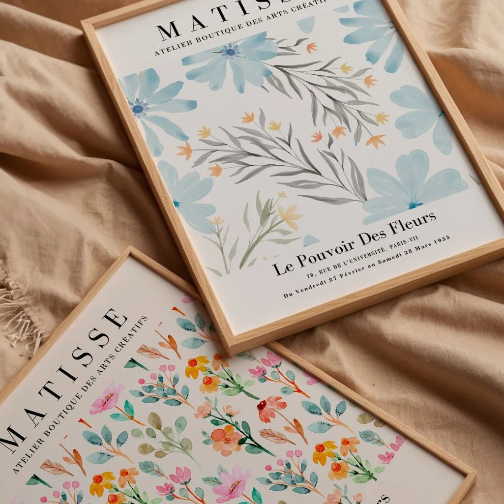 Close up of blue watercolor flowers poster showing soft textures and delicate brushwork