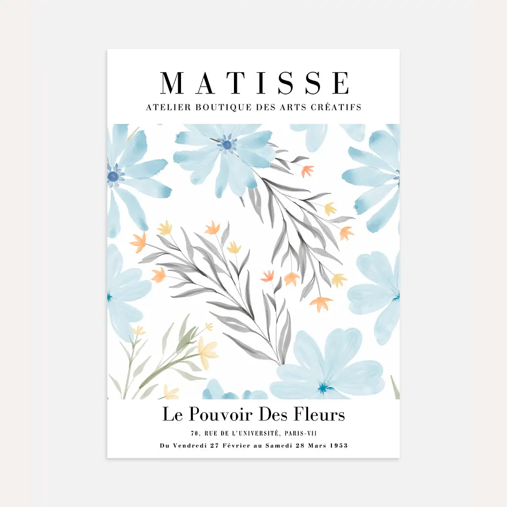 Matisse blue flowers poster with soft watercolor floral composition in blue and grey tones