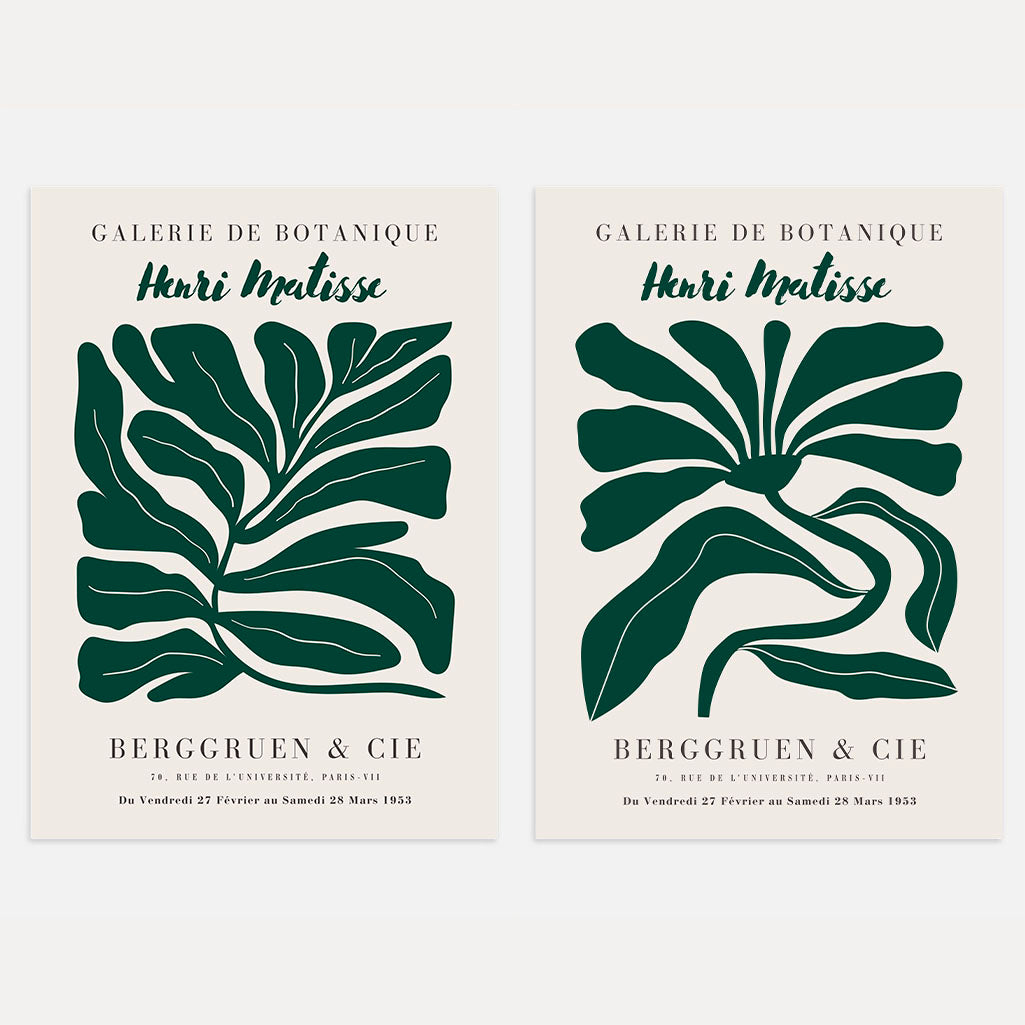 Matisse botanical green forms set of 2 posters with deep green shapes on light background