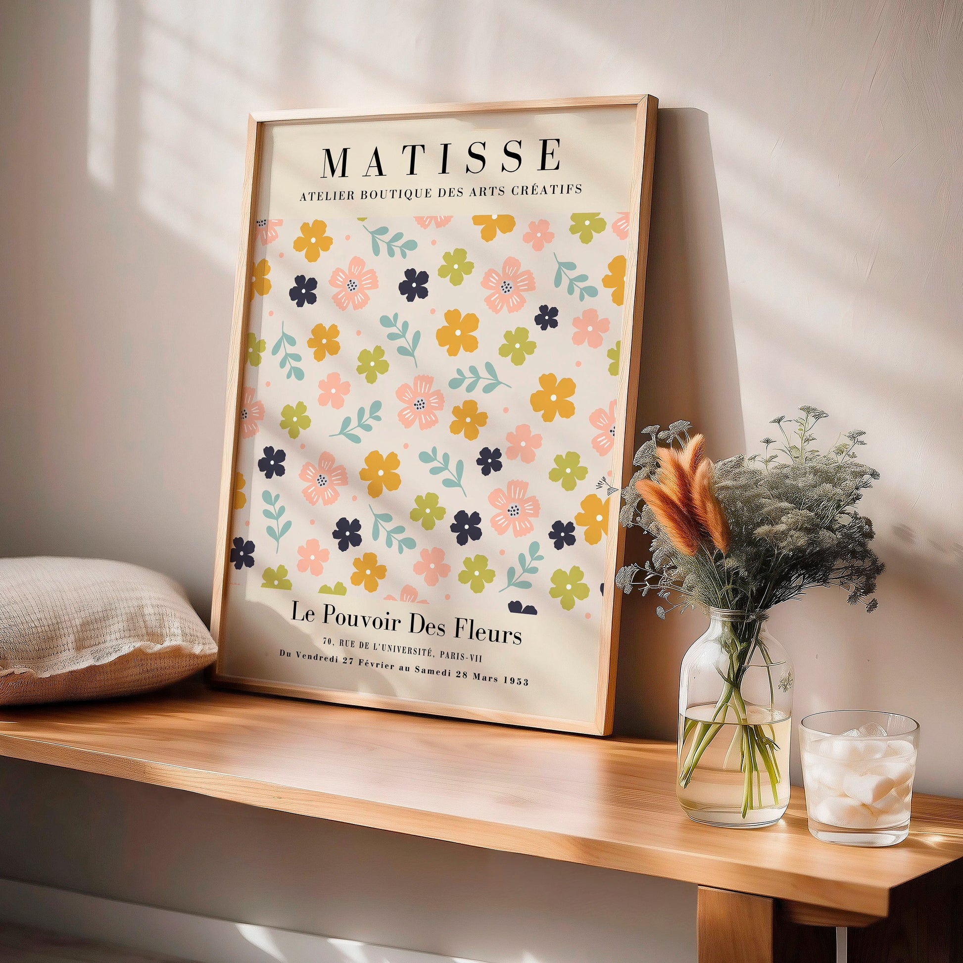 Close up of pastel meadow poster showing soft floral shapes and delicate color palette