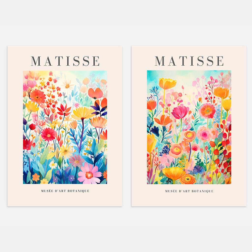Matisse watercolor floral set of 2 posters arranged as gallery wall with colorful flowers
