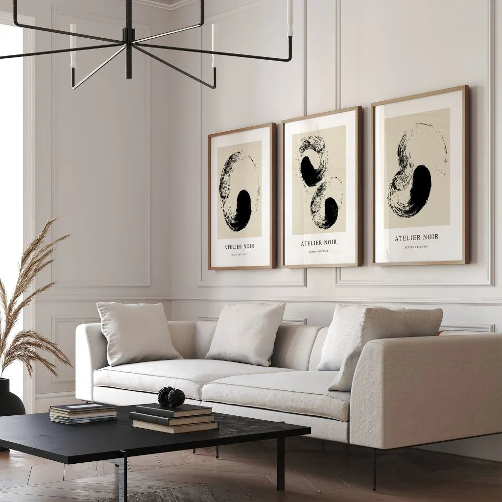Minimal zen poster set for meditation space with black and beige tones