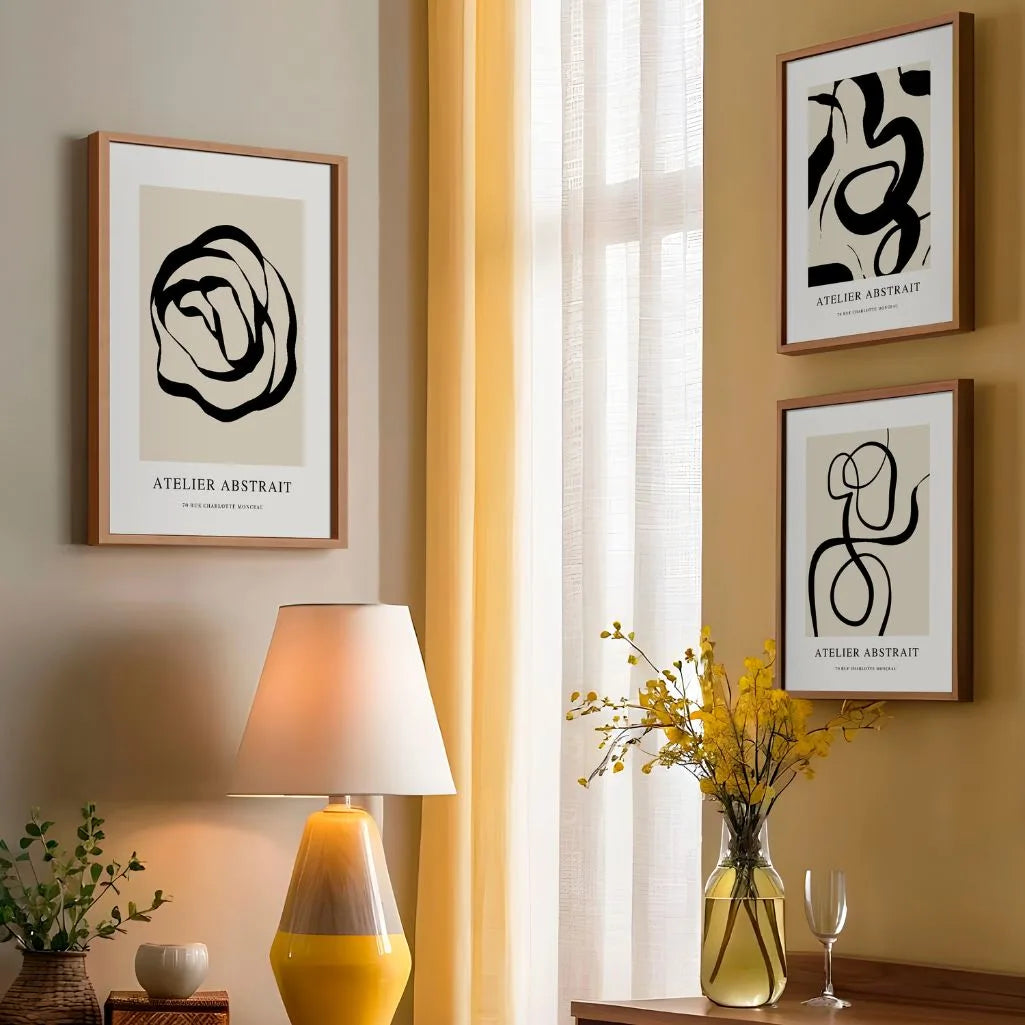 Minimalist line art poster set with flowing lines in black and beige tones