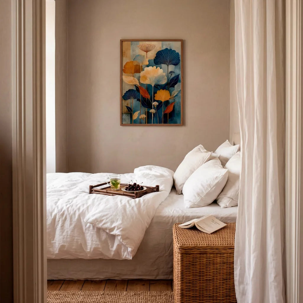 modern botanical wall art with abstract leaves in navy blue and warm gold colors for boho interiors