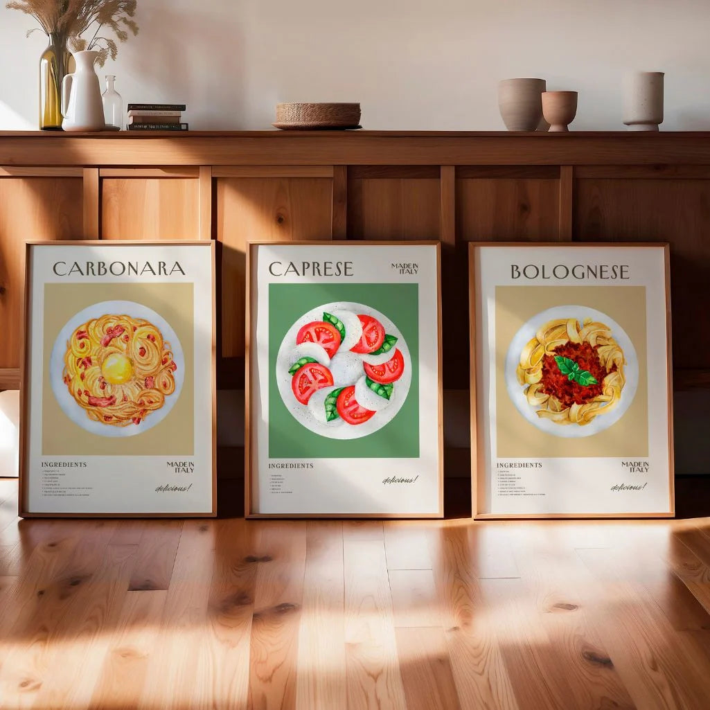 modern italian recipe wall art set for kitchen decor beige red green yellow tones