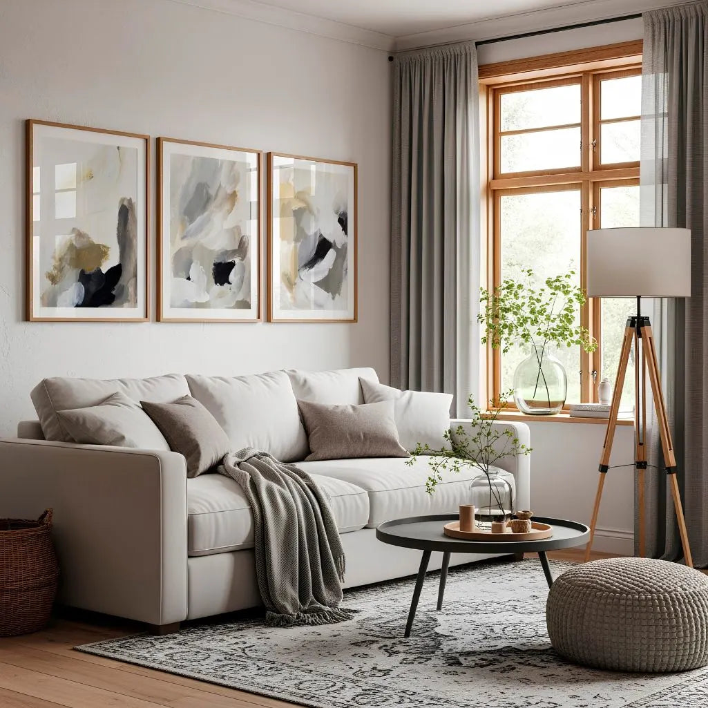 Modern abstract poster set with soft brush strokes in beige grey palette