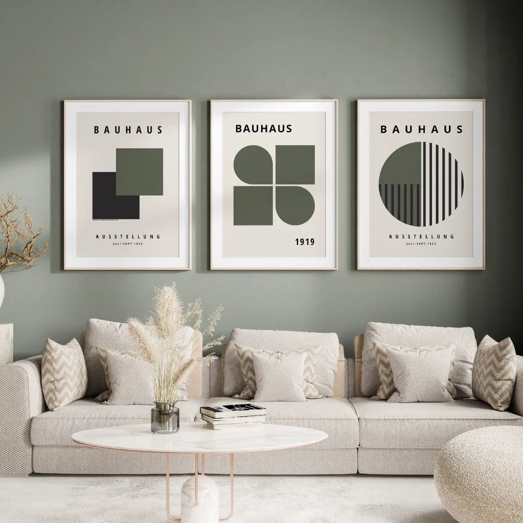 modern bauhaus poster set arranged in minimalist gallery wall