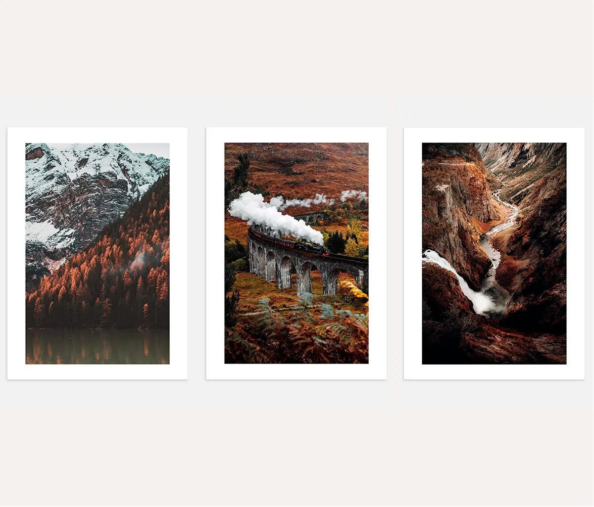 Mountain train bridge poster set of 3 cinematic landscape wall art