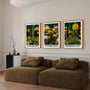 Calming forest poster set with yellow flowers for bedroom nature wall art