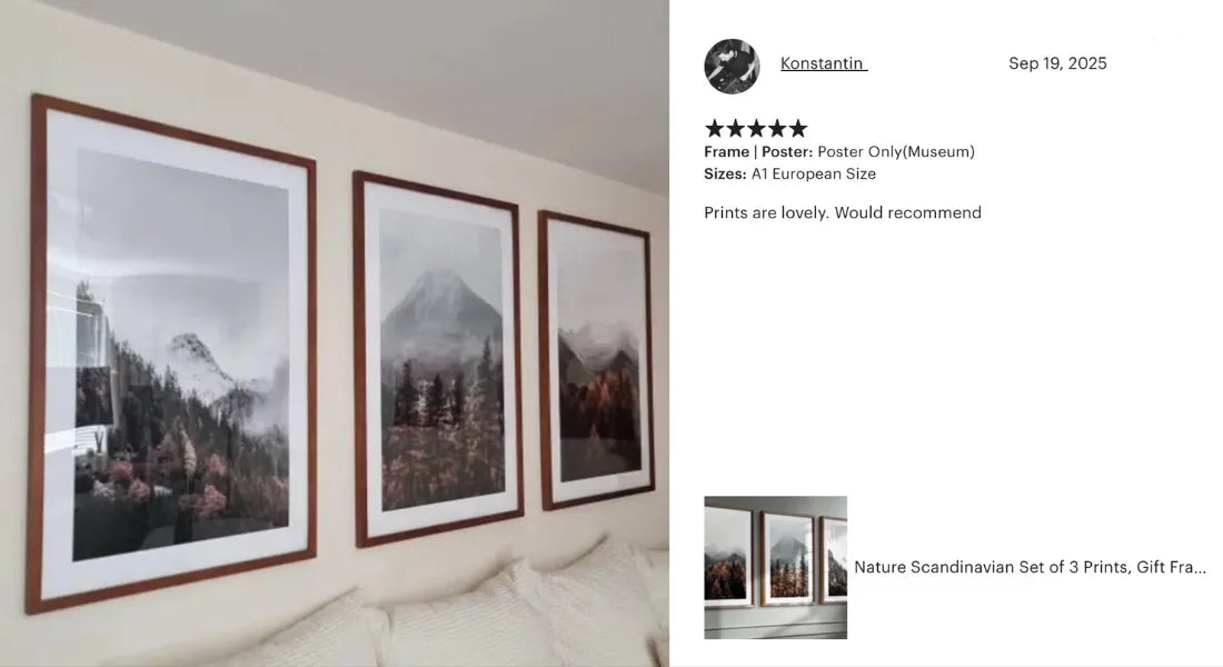 set of 3 nature wall art posters with mountains and forest in Scandinavian living room interior above bed