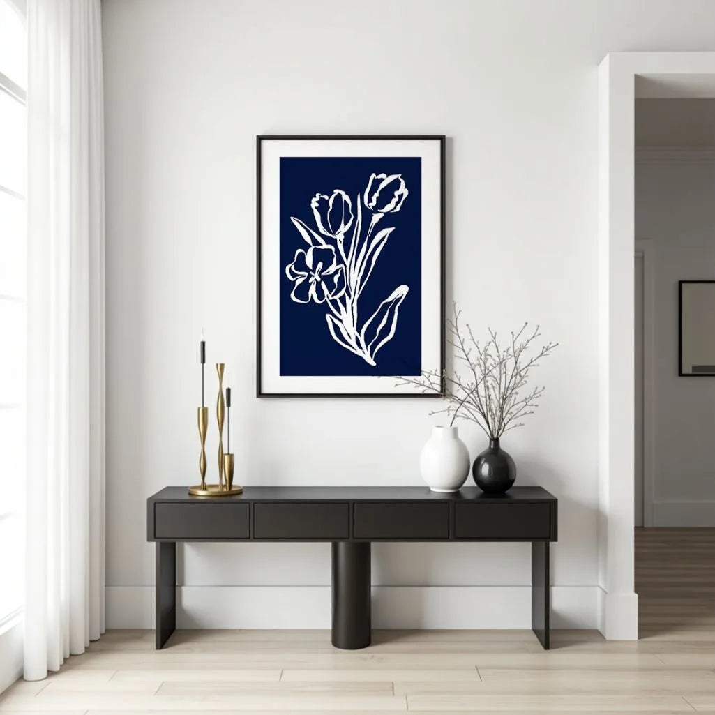navy floral line art poster gallery wall modern decor