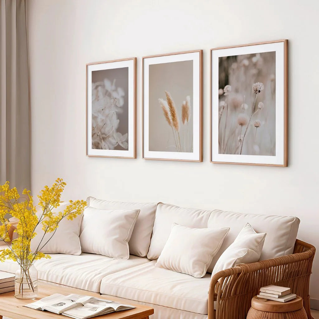 Neutral botanical wall art set of 3 for bedroom soft nature posters