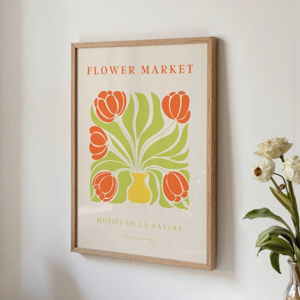 Orange tulips poster styled in bright kitchen with modern botanical decor