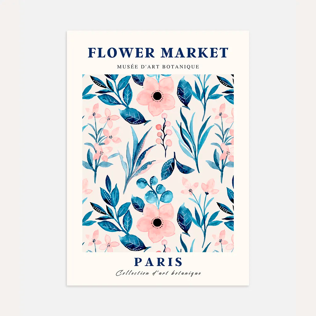 Paris blue flowers poster with soft blue and powder pink watercolor blooms