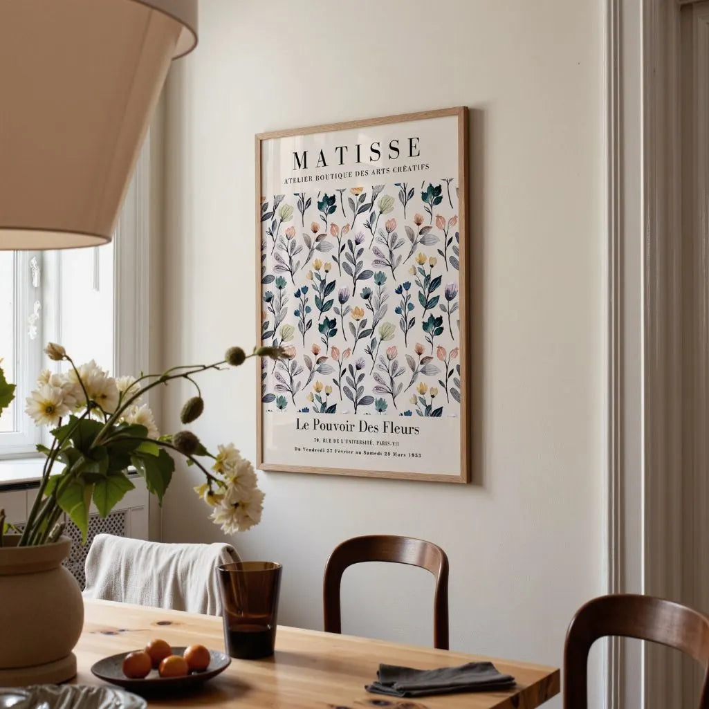 Pastel flowers poster styled in modern bedroom with soft minimalist decor