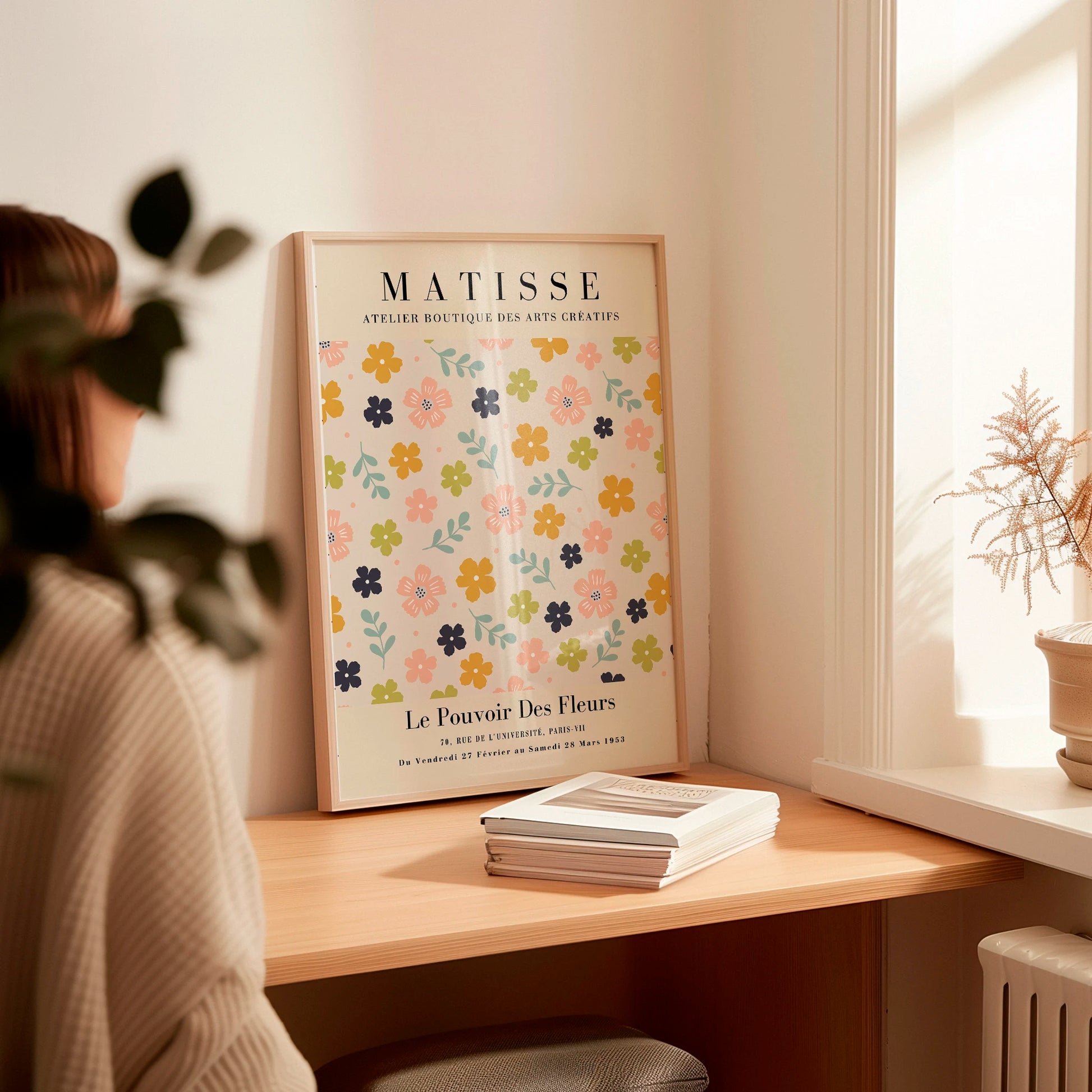 Pastel meadow poster styled in bright kids room with soft colorful wall decor
