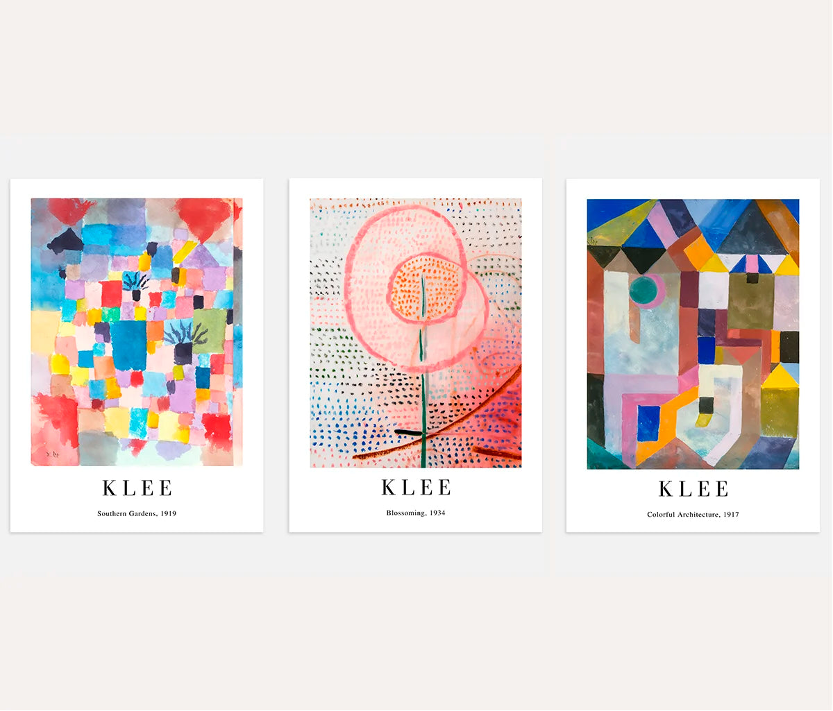 Paul Klee colorful abstract poster set of 3 with geometric shapes and Bauhaus style