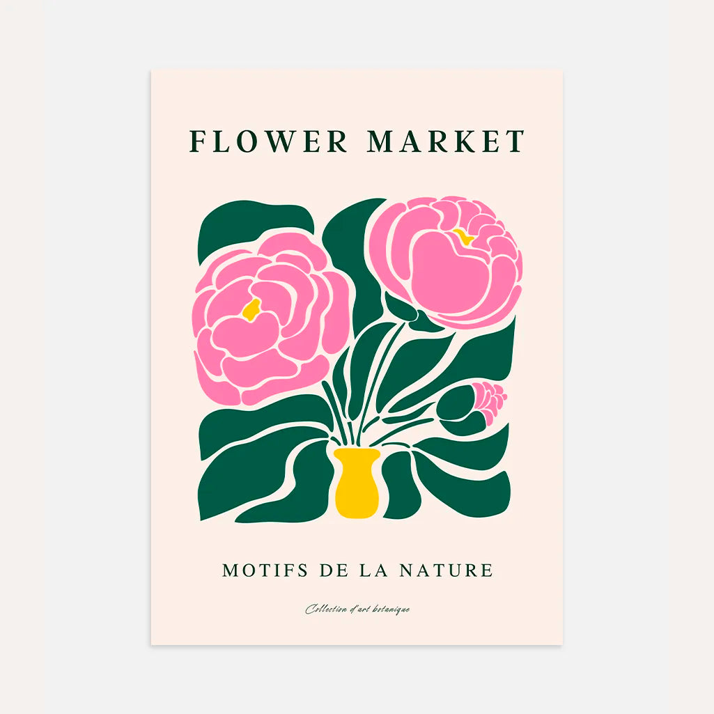 Pink peonies poster with bold vintage floral design and green accents