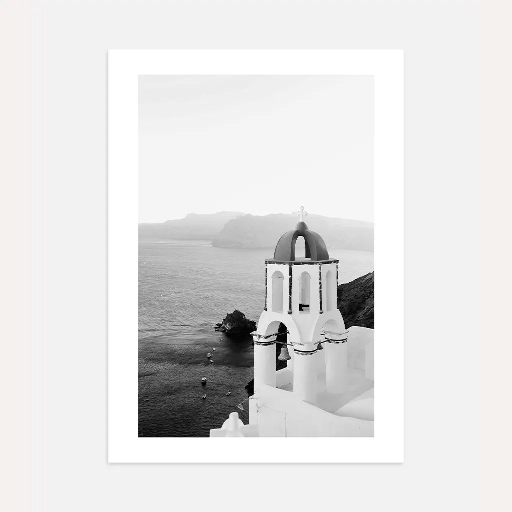 santorini bell tower black white poster wall art