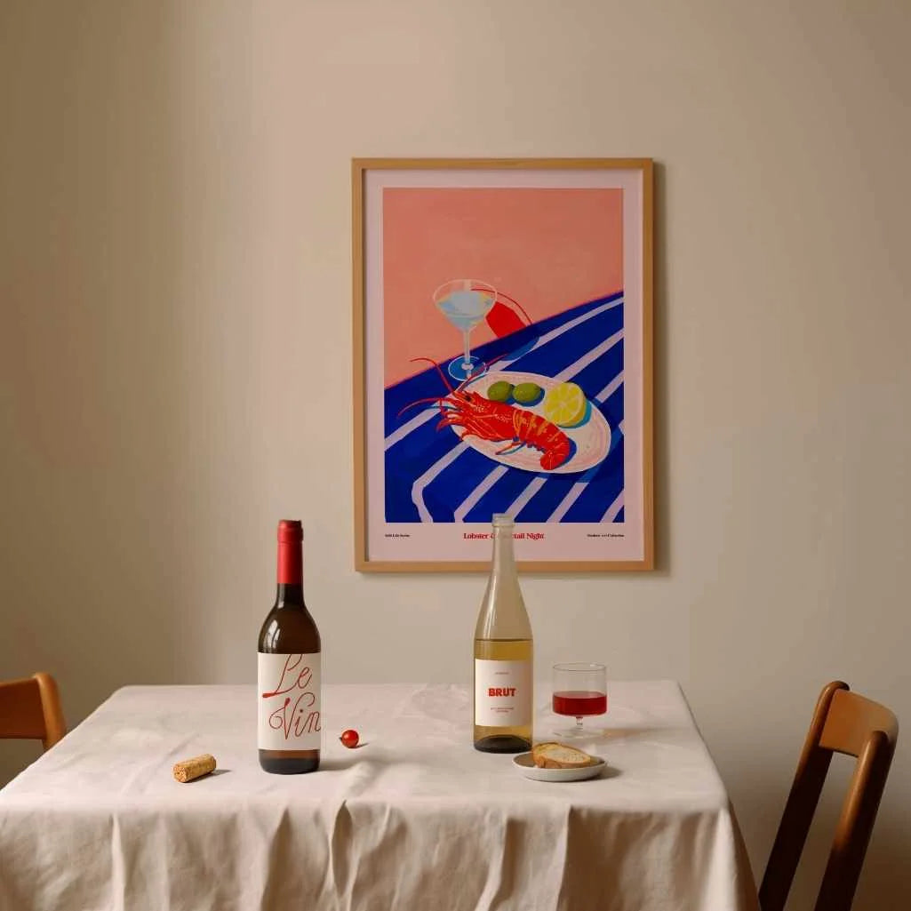 colorful seafood and cocktail wall art in dining area