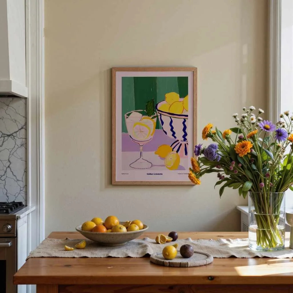 Mediterranean lemon poster in colourful modern gallery wall arrangement