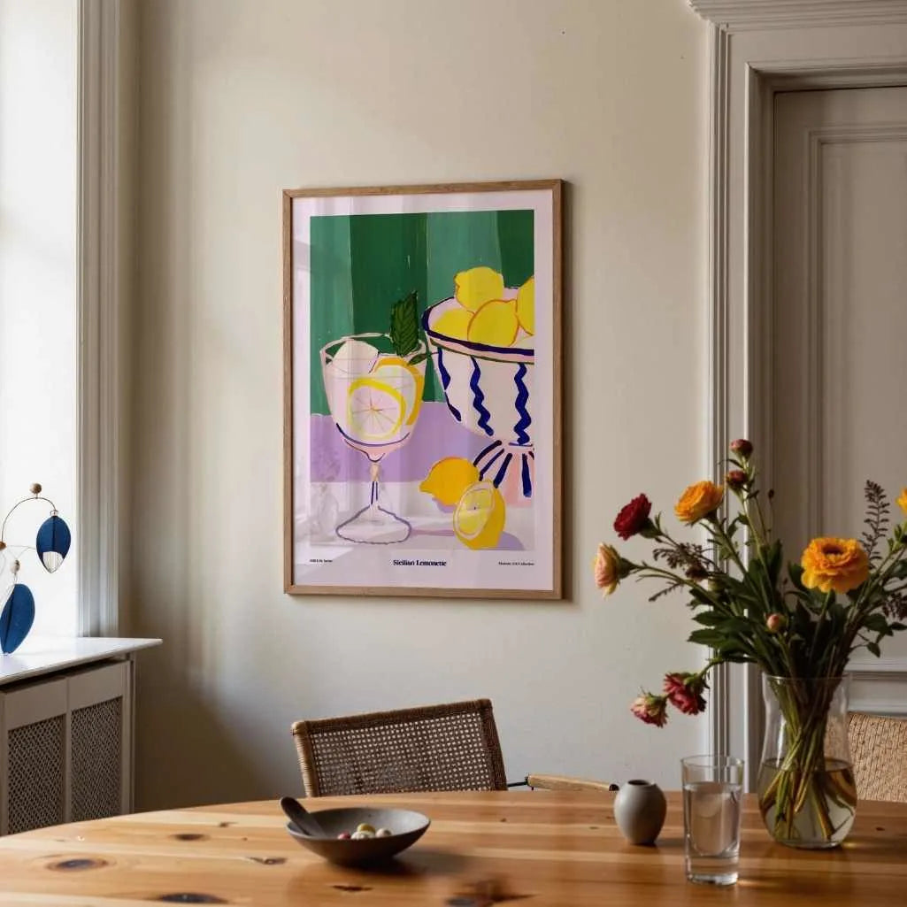 Sicilian inspired lemon poster styled in bright modern kitchen