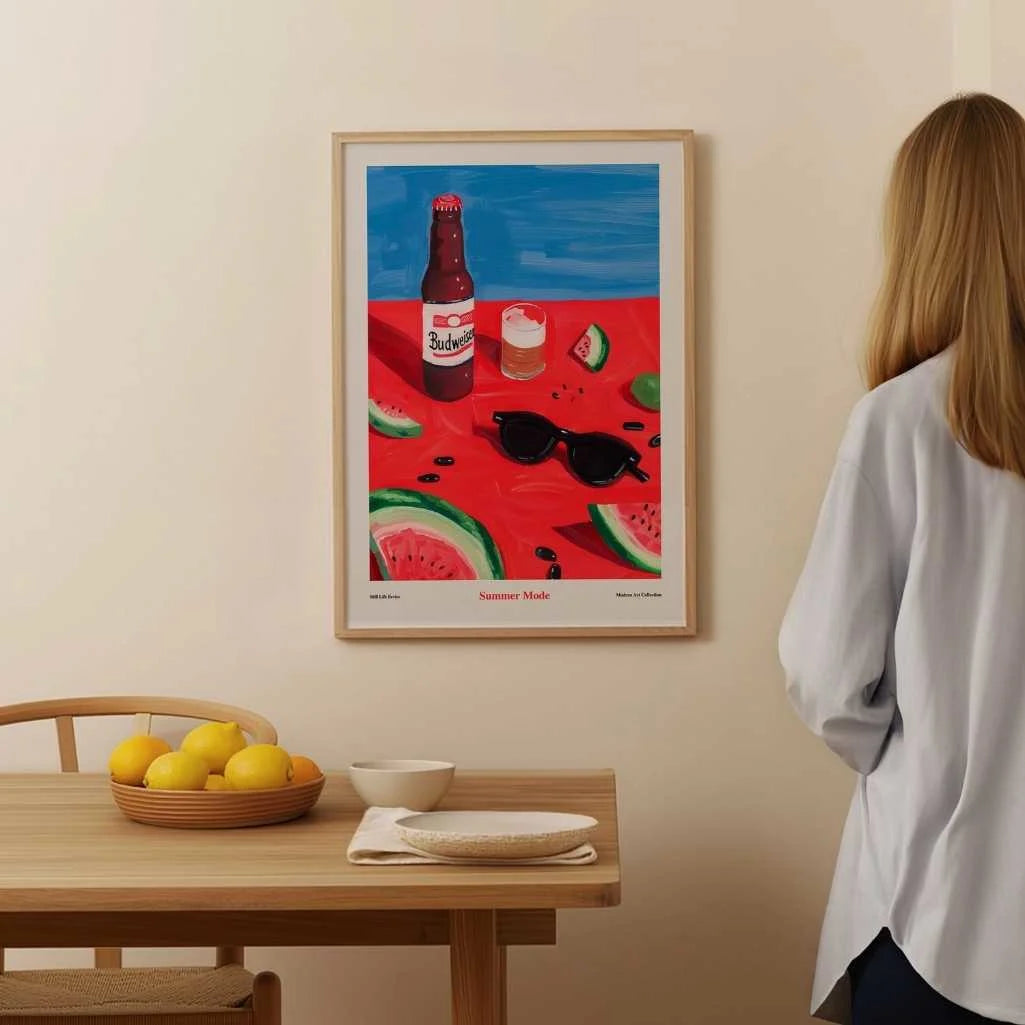 summer still life poster styled in bright modern kitchen interior