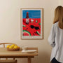summer still life poster styled in bright modern kitchen interior