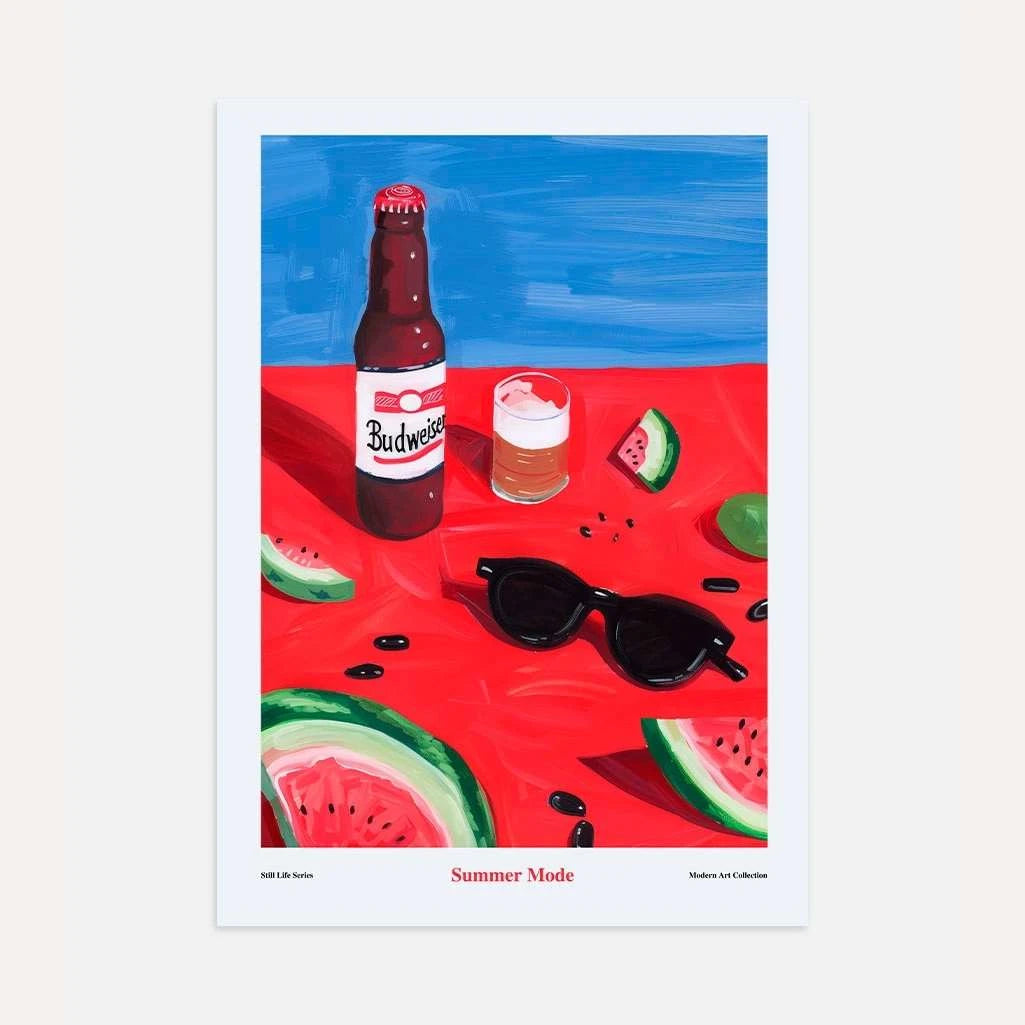 modern still life poster with beer bottle watermelon and sunglasses