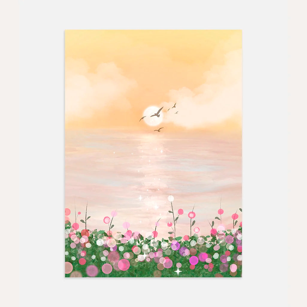 Sunset over flower meadow poster with pink gold sky and calm water reflection
