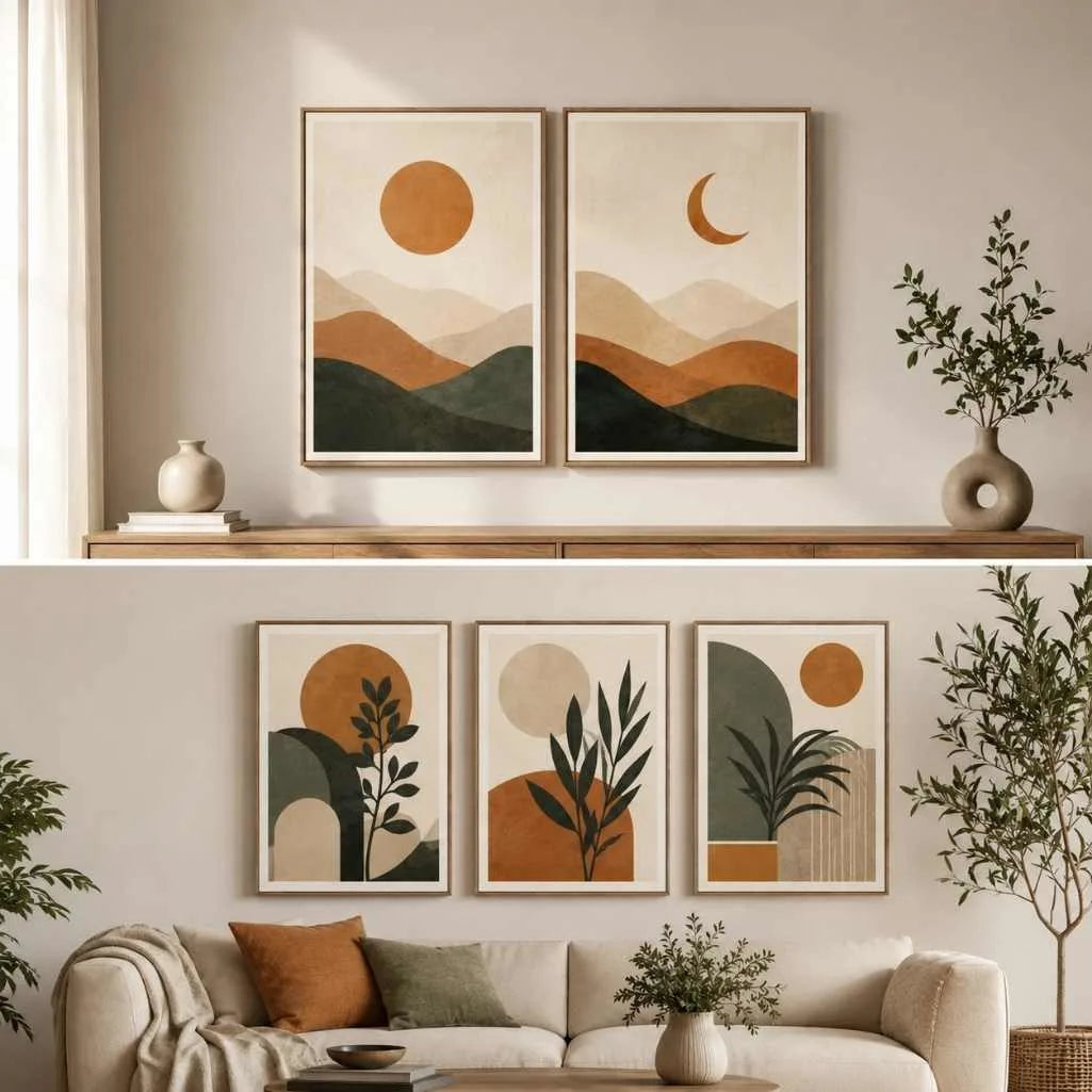 Boho wall art set featuring abstract botanical posters in terracotta, beige and sage green tones displayed above a living room sofa