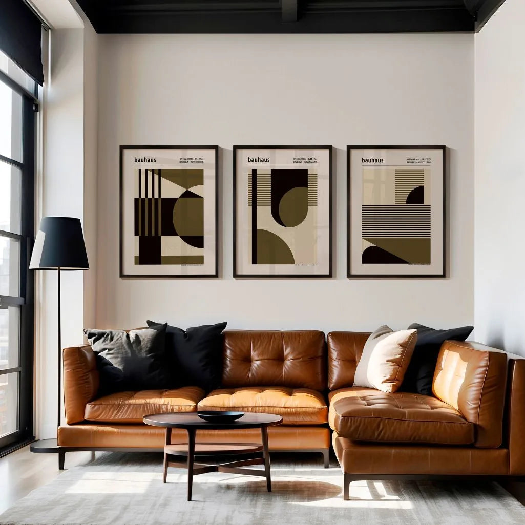 green olive and beige bauhaus poster set arranged in modern gallery wall