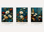 William Morris blue floral poster set of 3 in dark botanical wall art style