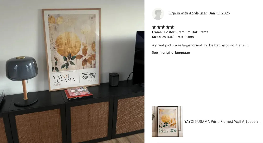 yayoi kusama inspired framed poster in oak frame displayed on cabinet in modern home interior