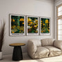 Forest landscape poster set with yellow flowers in modern living room wall decor